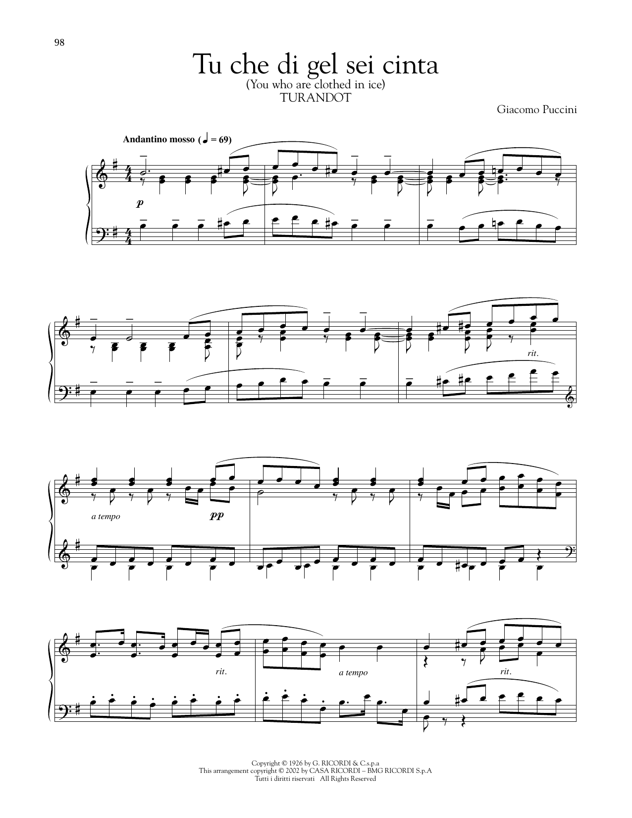 Giacomo Puccini Tu Che Di Gel Sei Cinta sheet music notes printable PDF score