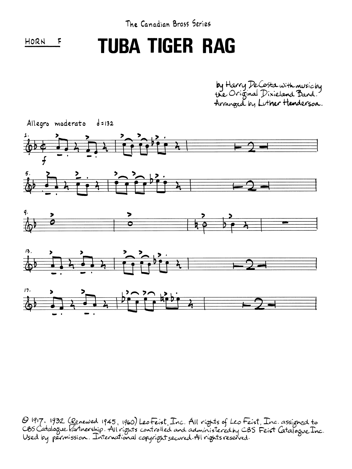 Download Luther Henderson Tuba Tiger Rag - Horn in F Sheet Music