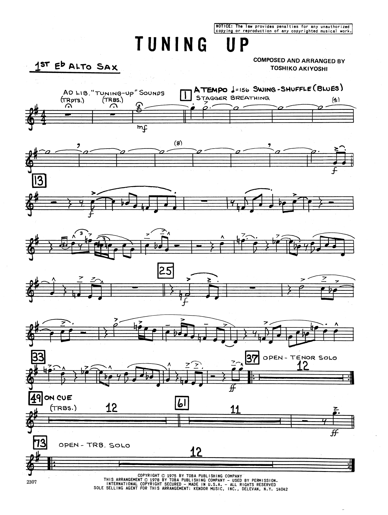 Download Toshiko Akiyoshi Tuning Up - 1st Eb Alto Saxophone Sheet Music