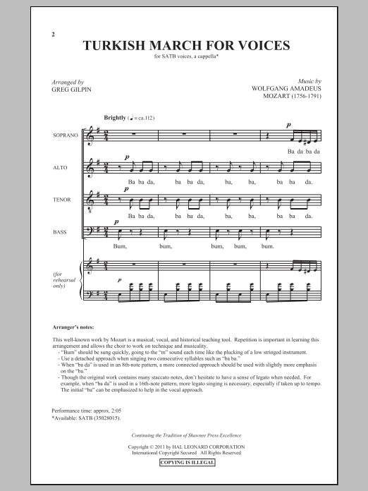 Download Wolfgang Amadeus Mozart Turkish March (arr. Greg Gilpin) Sheet Music