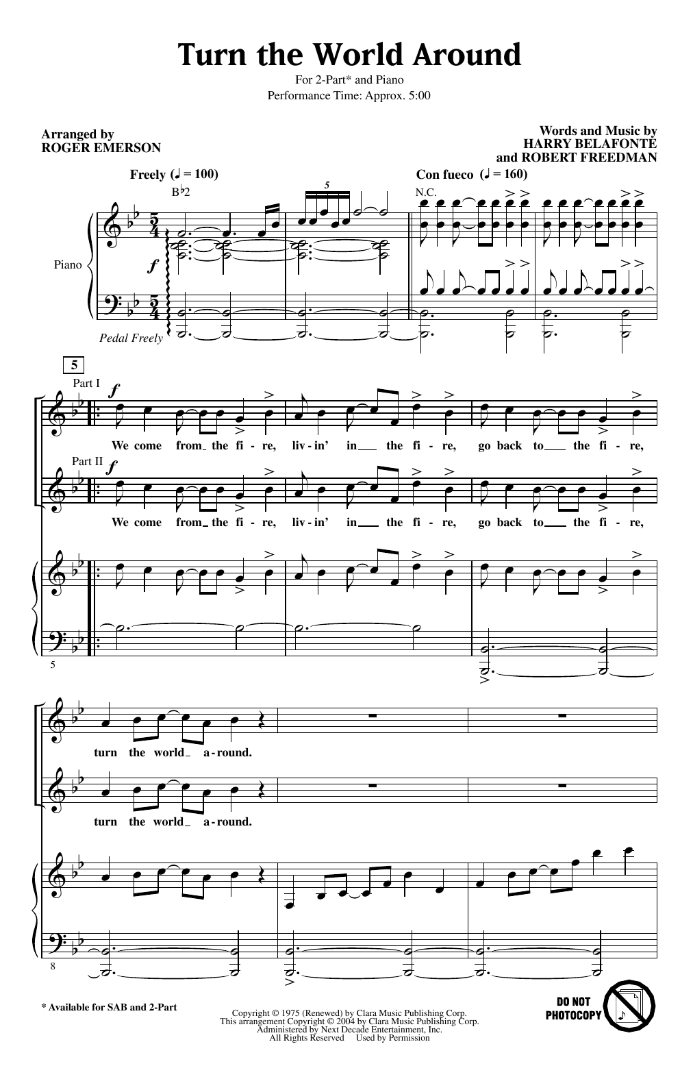 Download Harry Belafonte Turn The World Around (arr. Roger Emers Sheet Music