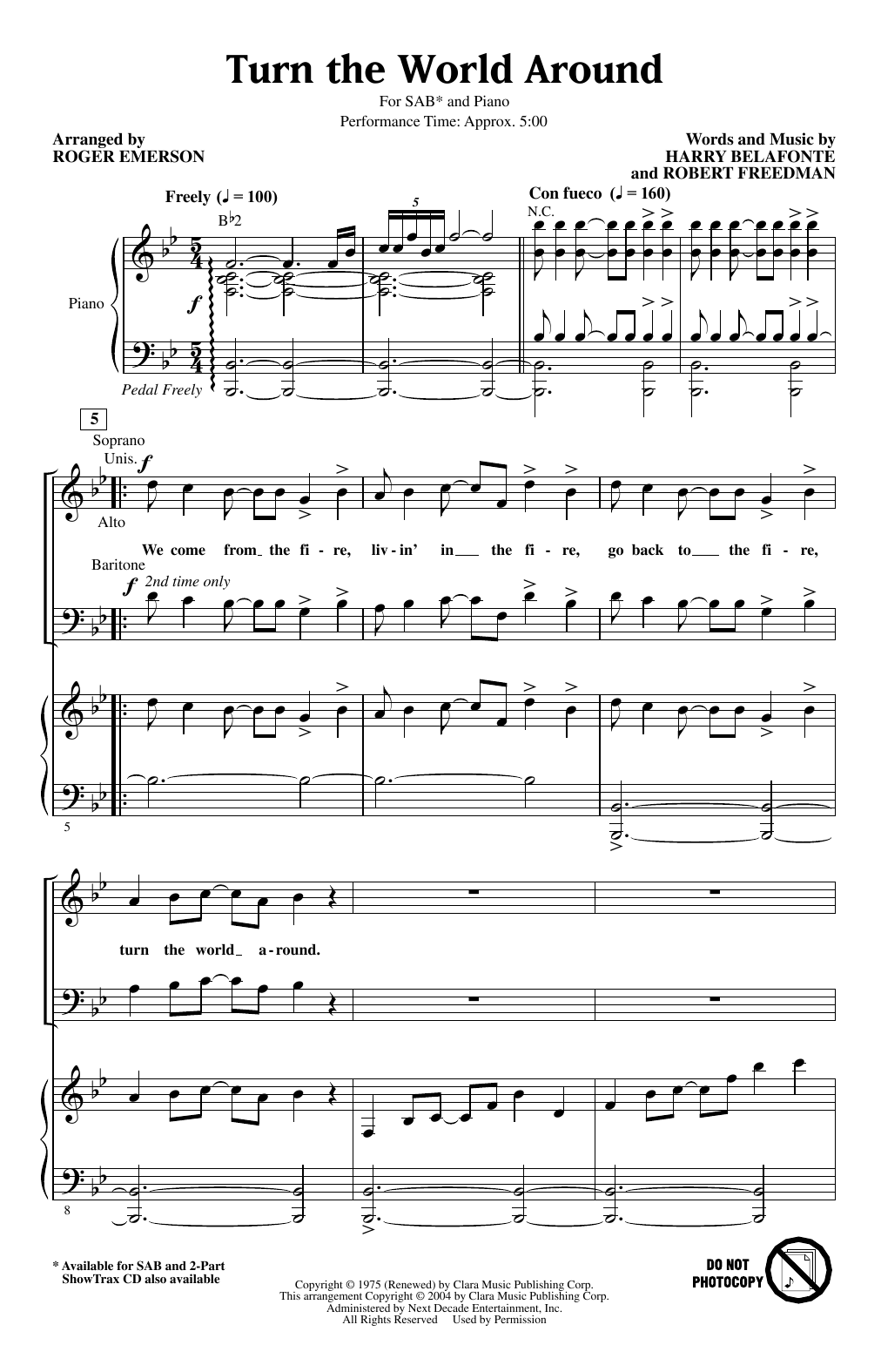 Download Harry Belafonte Turn The World Around (arr. Roger Emers Sheet Music