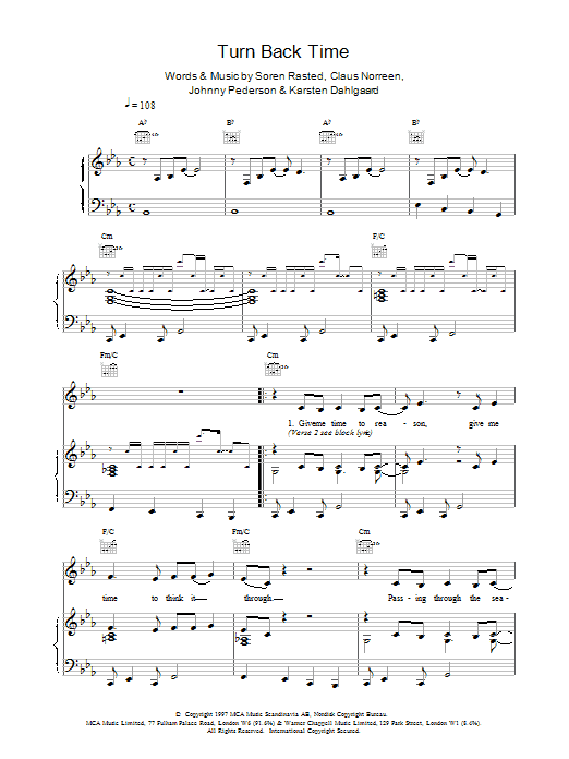Aqua Turn Back Time sheet music notes printable PDF score