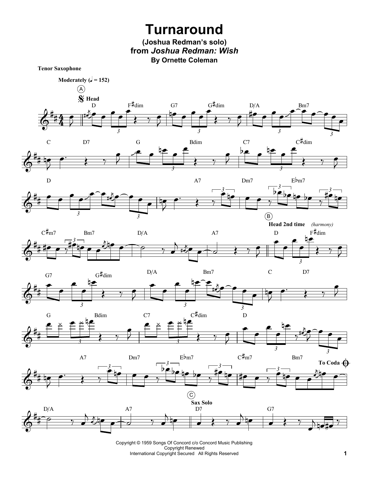 Download Joshua Redman Turnaround Sheet Music