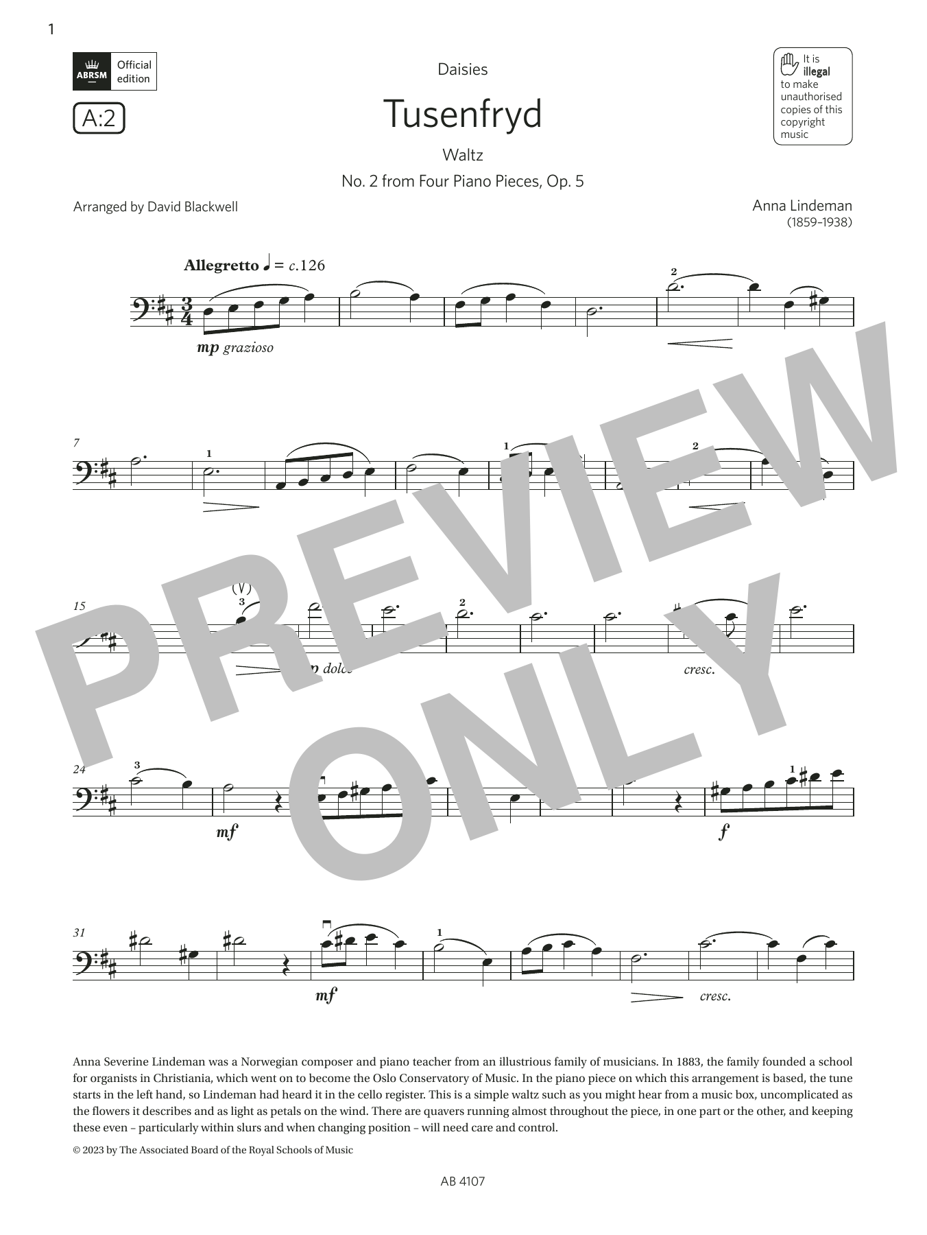 Download Anna Lindeman Tusenfryd (Grade 4, A2, from the ABRSM Sheet Music