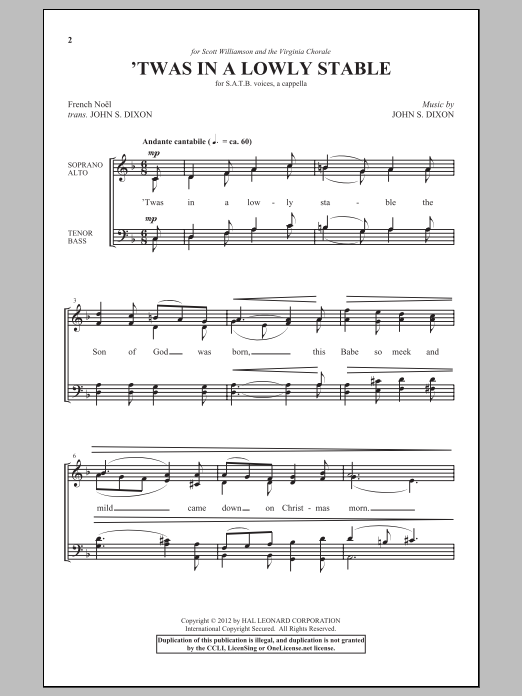 Download John S. Dixon 'Twas In A Lowly Stable Sheet Music
