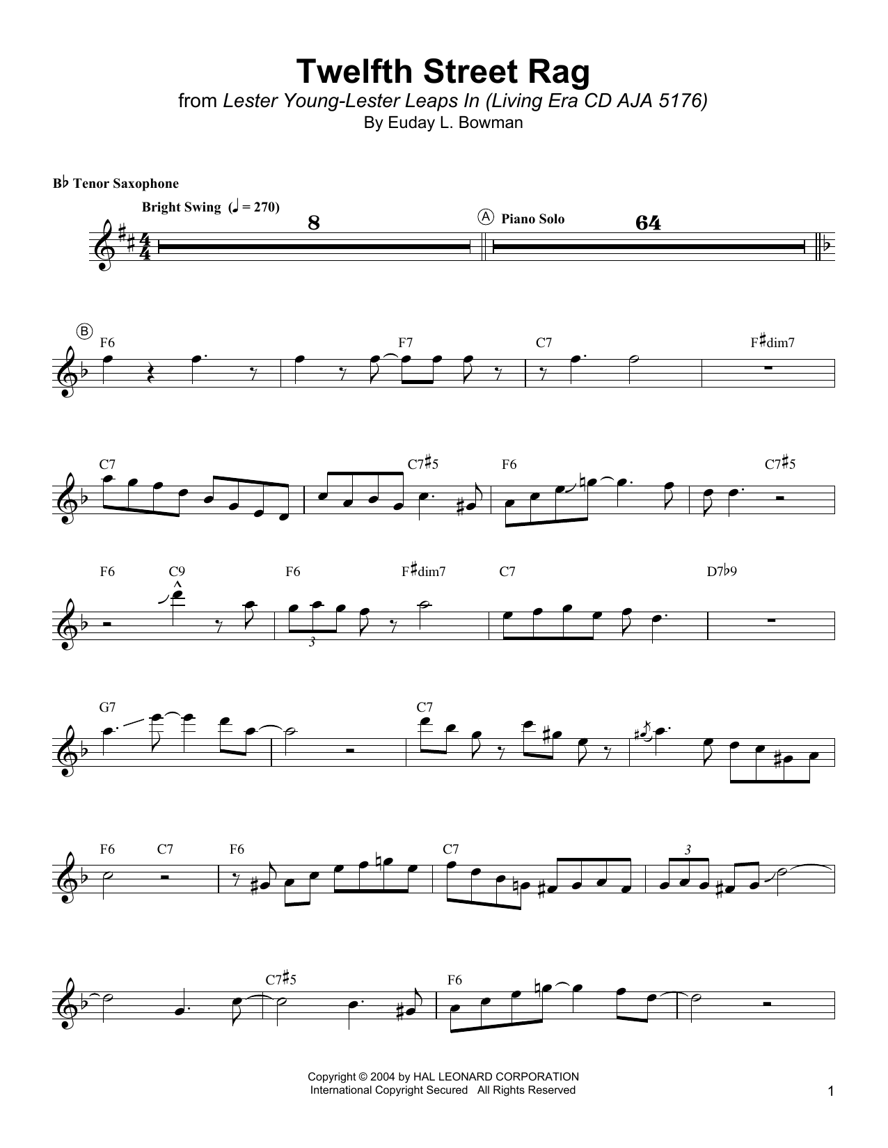 Download Lester Young Twelfth Street Rag Sheet Music