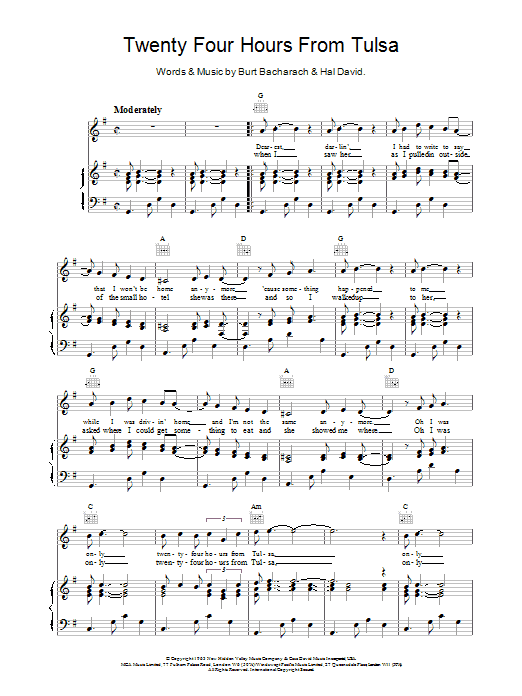 Bacharach & David Twenty Four Hours From Tulsa sheet music notes printable PDF score