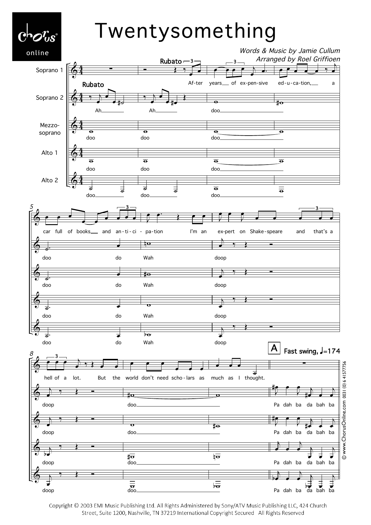 Jamie Cullum Twentysomething (arr. Roel Griffioen) sheet music notes printable PDF score