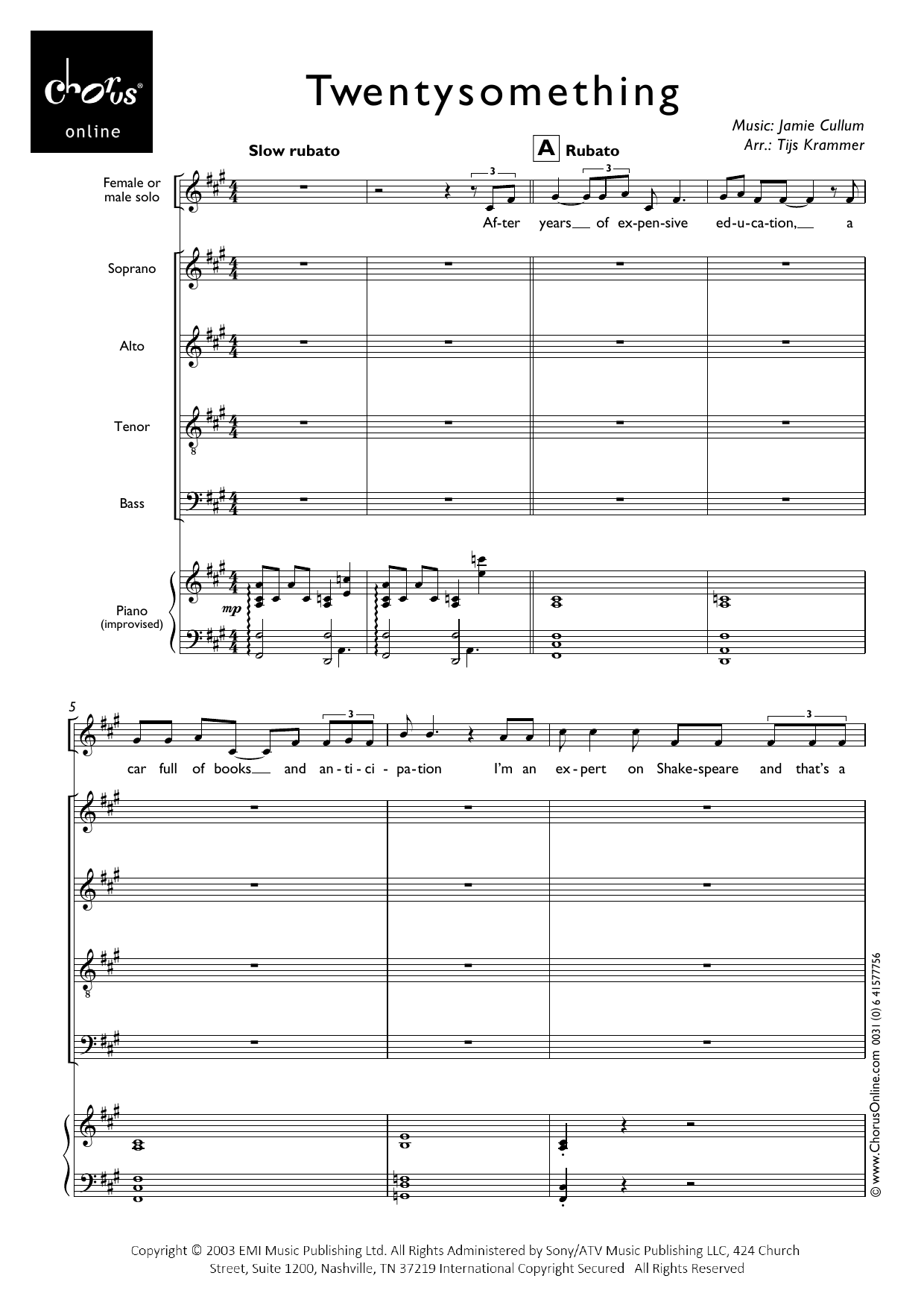 Jamie Cullum Twentysomething (arr. Tijs Krammer) sheet music notes printable PDF score
