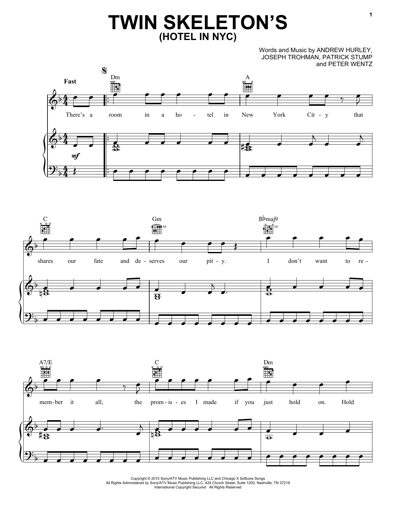 Download Fall Out Boy Twin Skeleton's (Hotel In NYC) Sheet Music