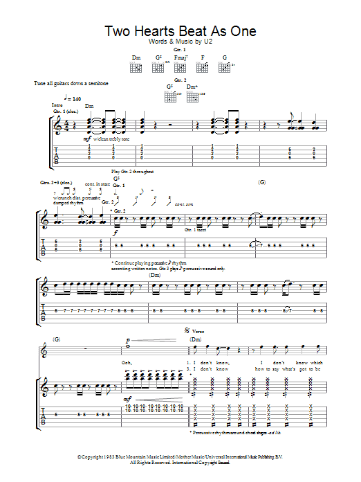 Download U2 Two Hearts Beat As One Sheet Music