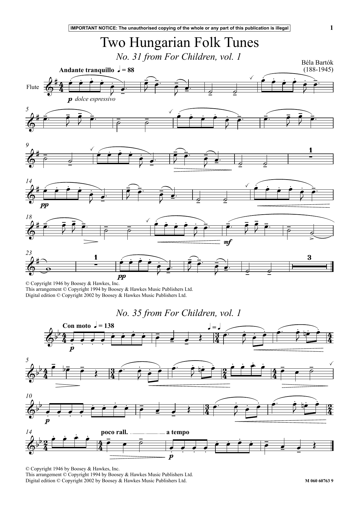 Download Béla Bartók Two Hungarian Folk Tunes (No. 31 from F Sheet Music