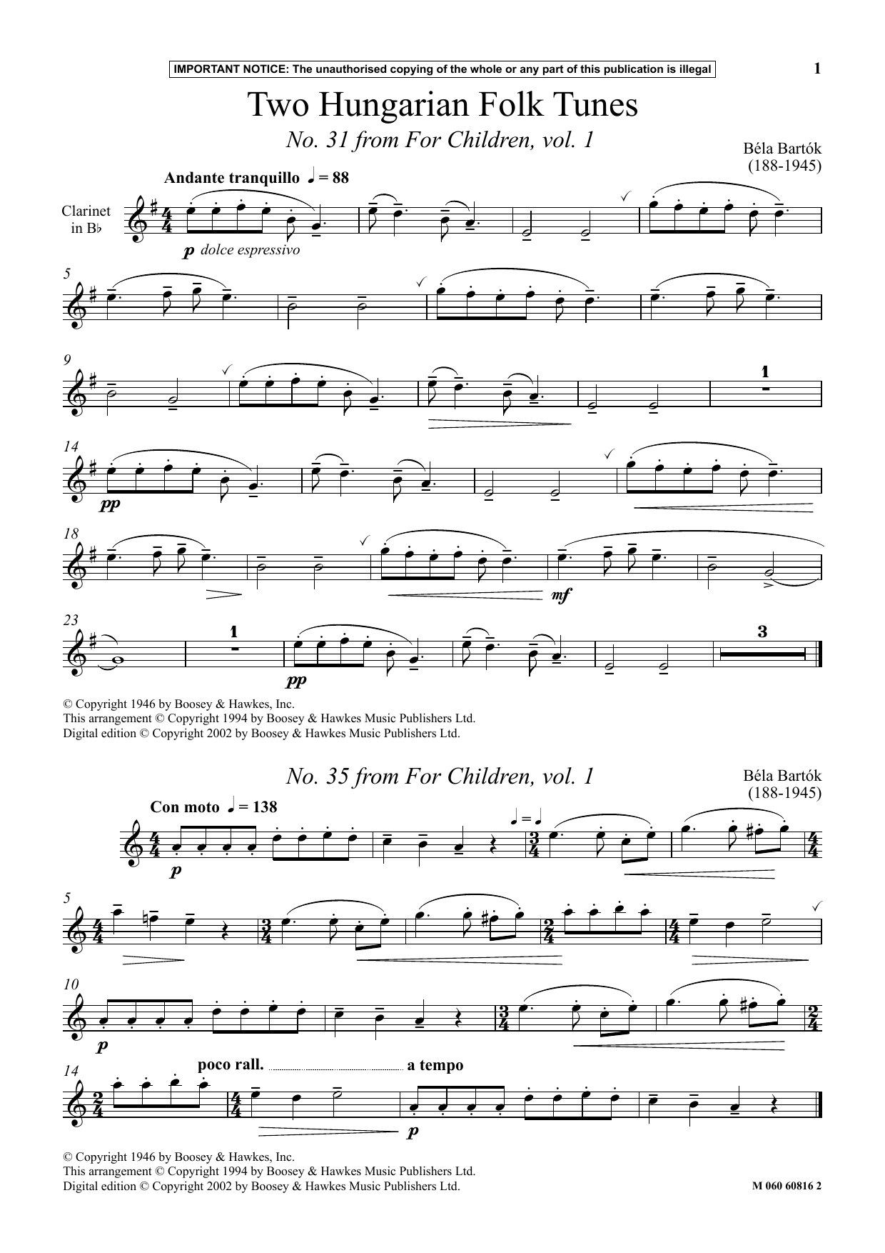 Download Béla Bartók Two Hungarian Folk Tunes (No. 31 from F Sheet Music