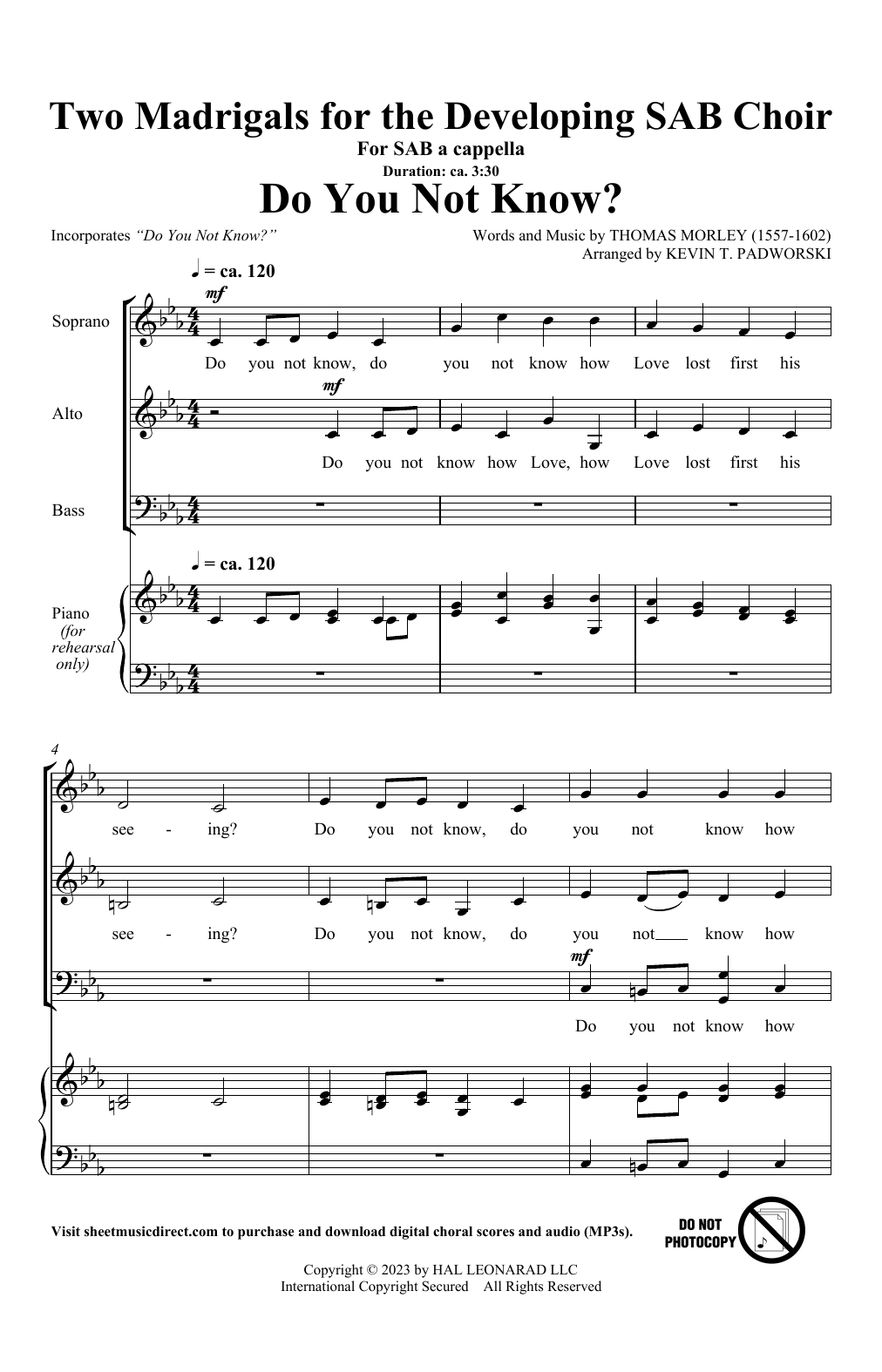Download Kevin Padworski Two Madrigals For The Developing SAB Ch Sheet Music