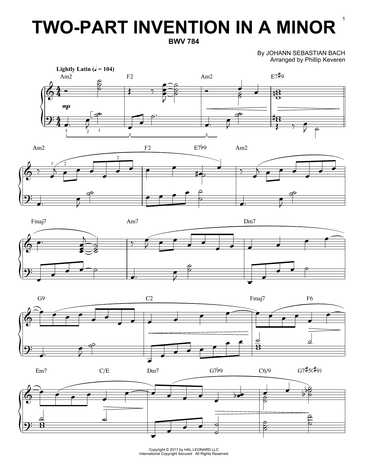 Download Johann Sebastian Bach Two-Part Invention In A Minor, BWV 784 Sheet Music