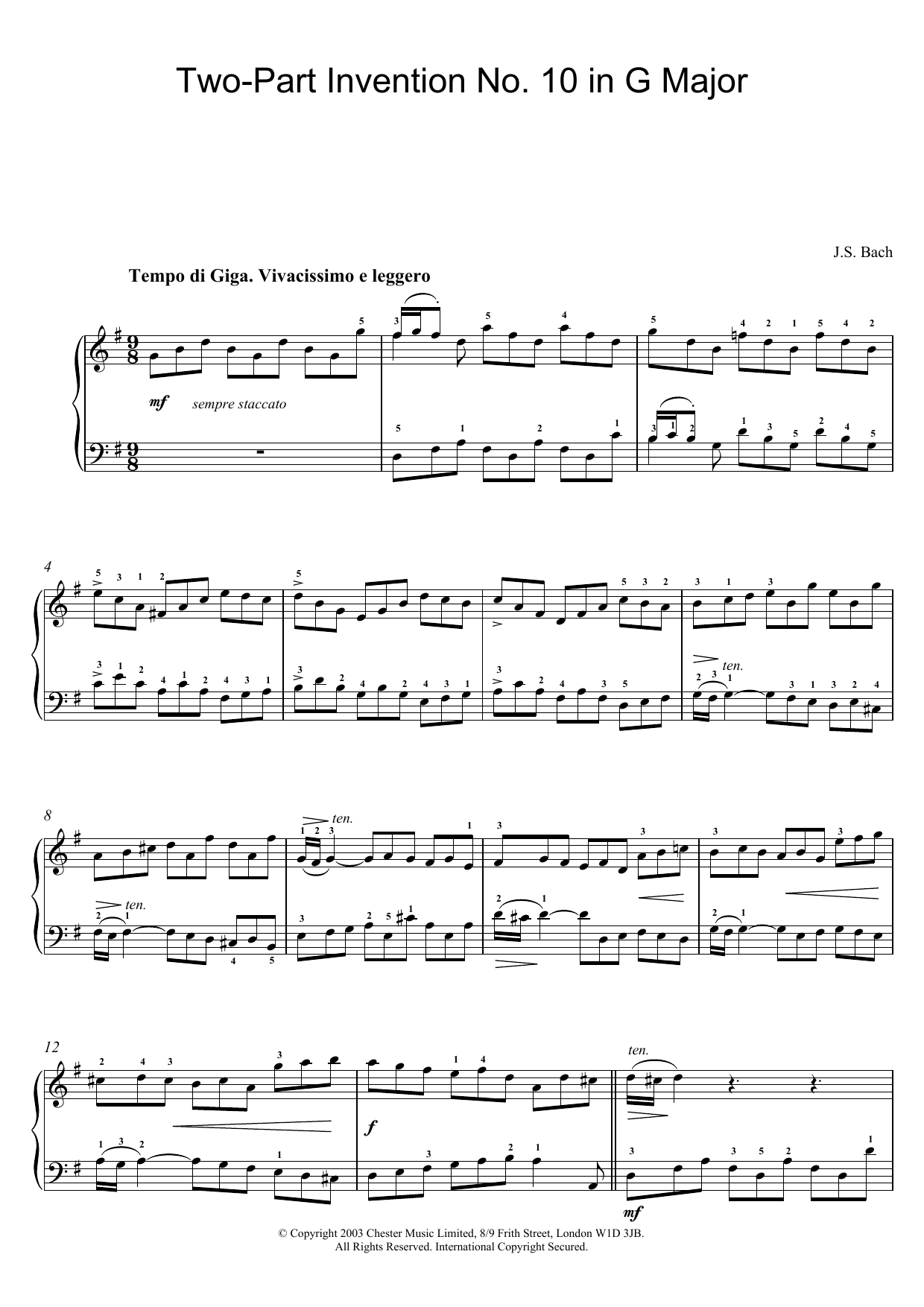 Download Johann Sebastian Bach Two-Part Invention No. 10 in G Major Sheet Music
