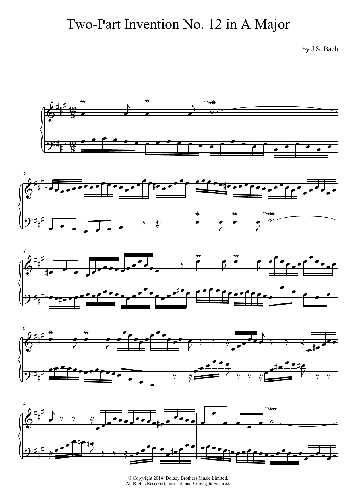 Download Johann Sebastian Bach Two-Part Invention No. 12 in A Major Sheet Music