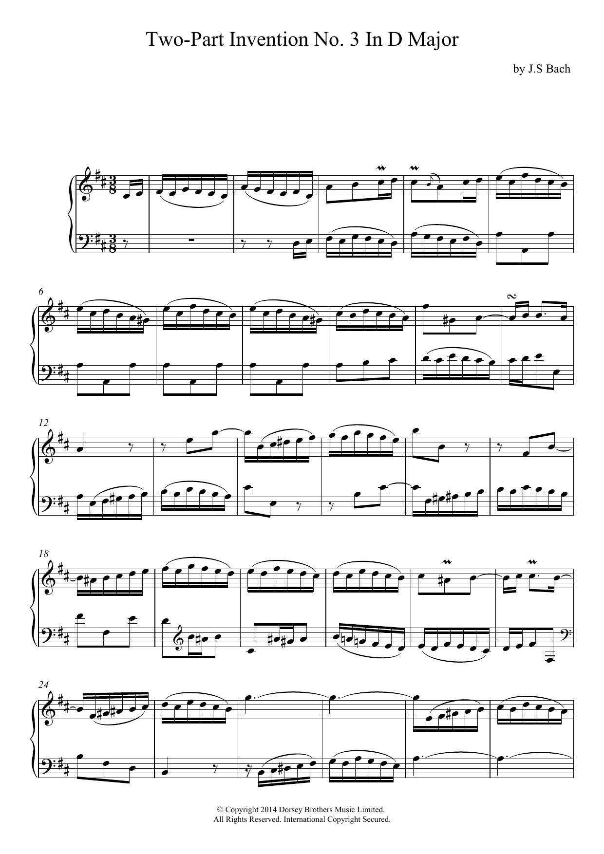 Download Johann Sebastian Bach Two-Part Invention No. 3 In D Major Sheet Music