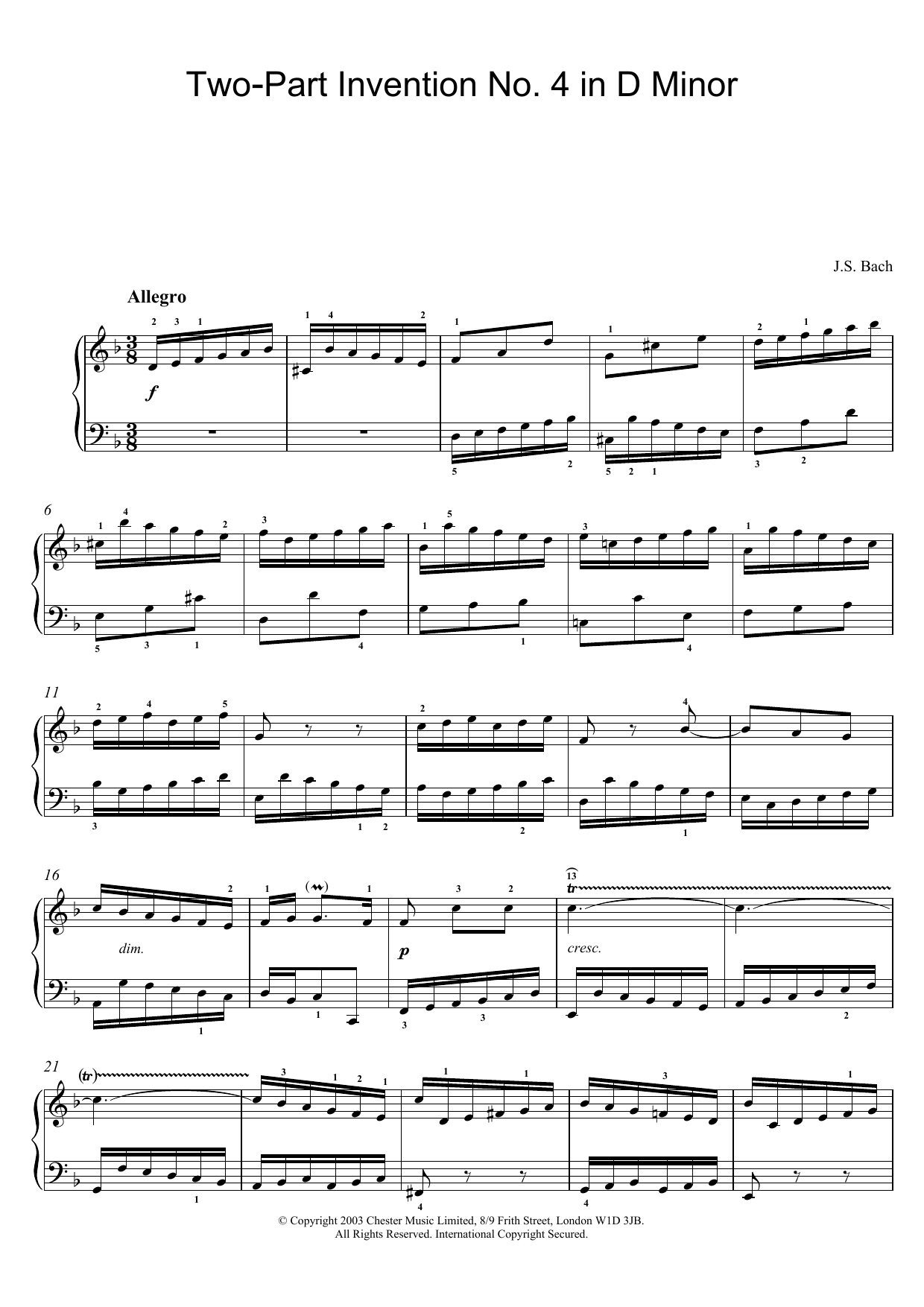 Download Johann Sebastian Bach Two-Part Invention No. 4 in D Minor Sheet Music
