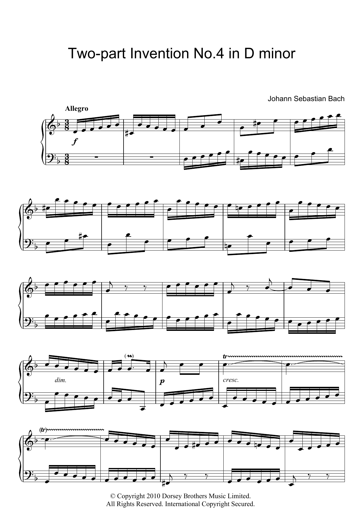 Download Johann Sebastian Bach Two-Part Invention No. 4 Sheet Music