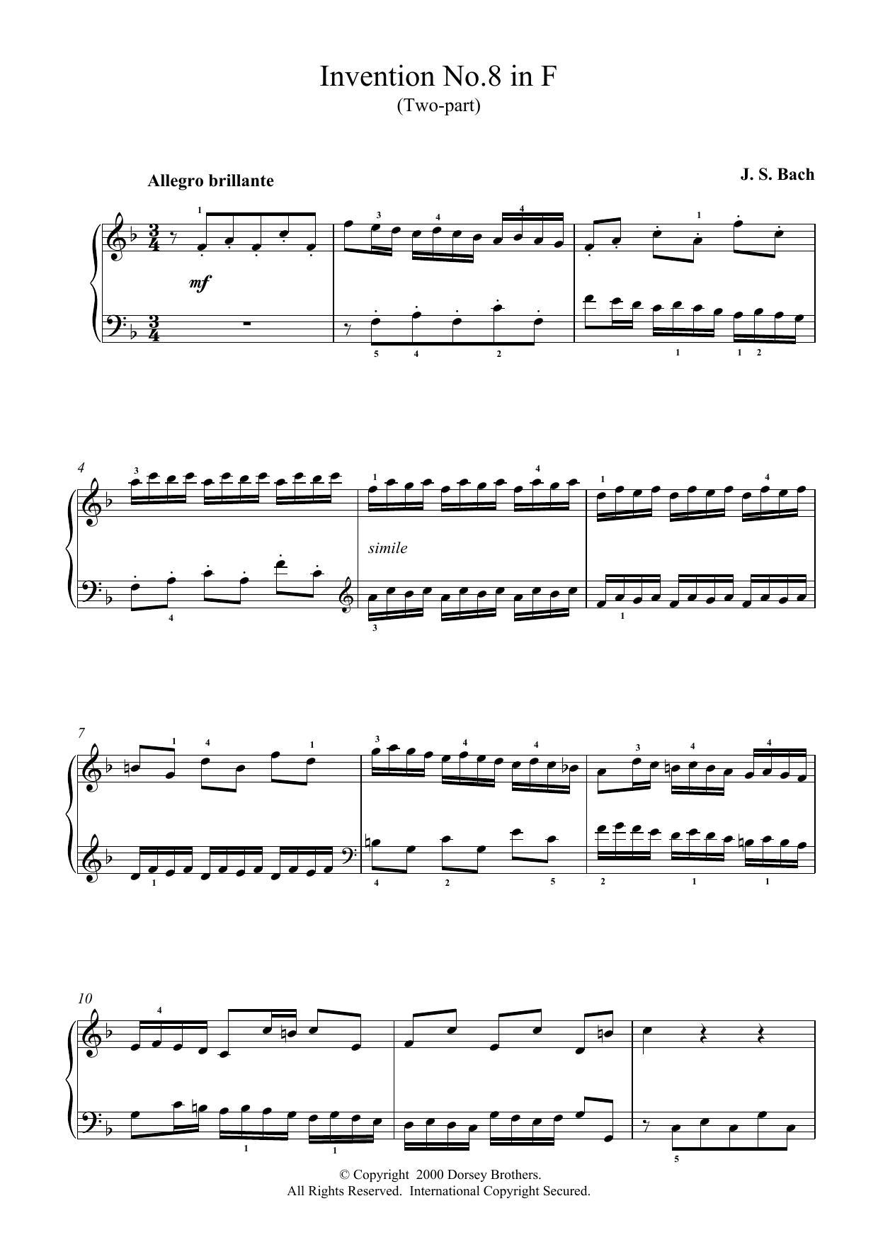 Johann Sebastian Bach Two-Part Invention No. 8 in F Major sheet music notes printable PDF score