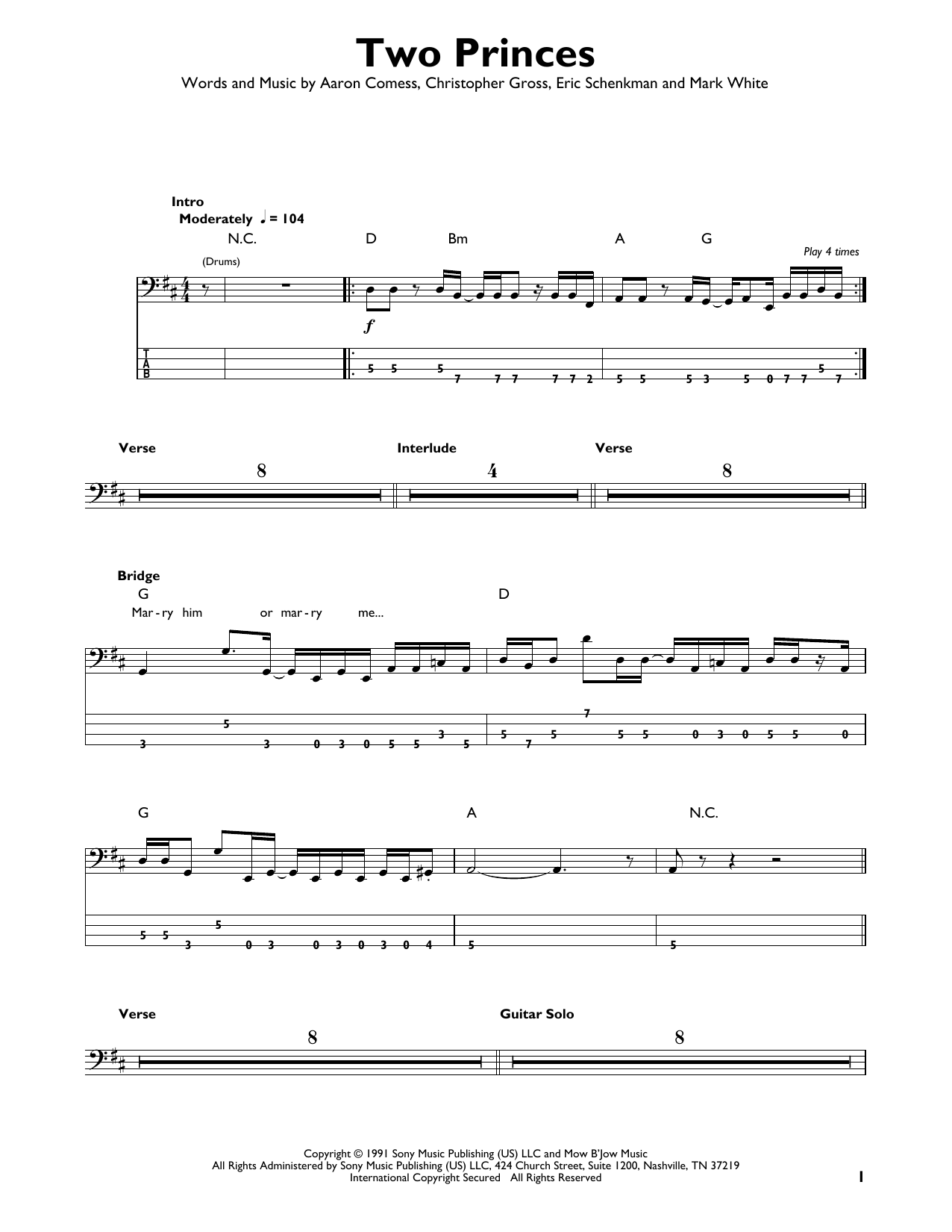 Download Spin Doctors Two Princes Sheet Music