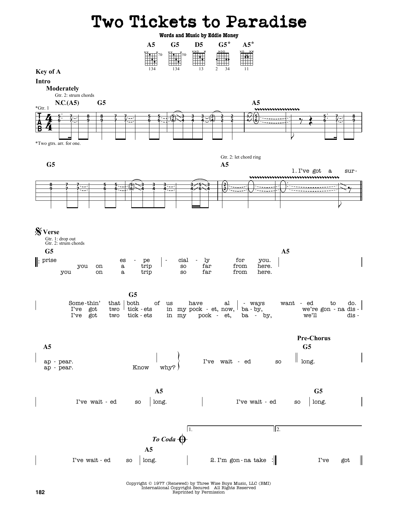 Download Eddie Money Two Tickets To Paradise Sheet Music
