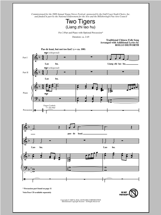 Download Rollo Dilworth Two Tigers (Liang Ge Lao Hu) Sheet Music