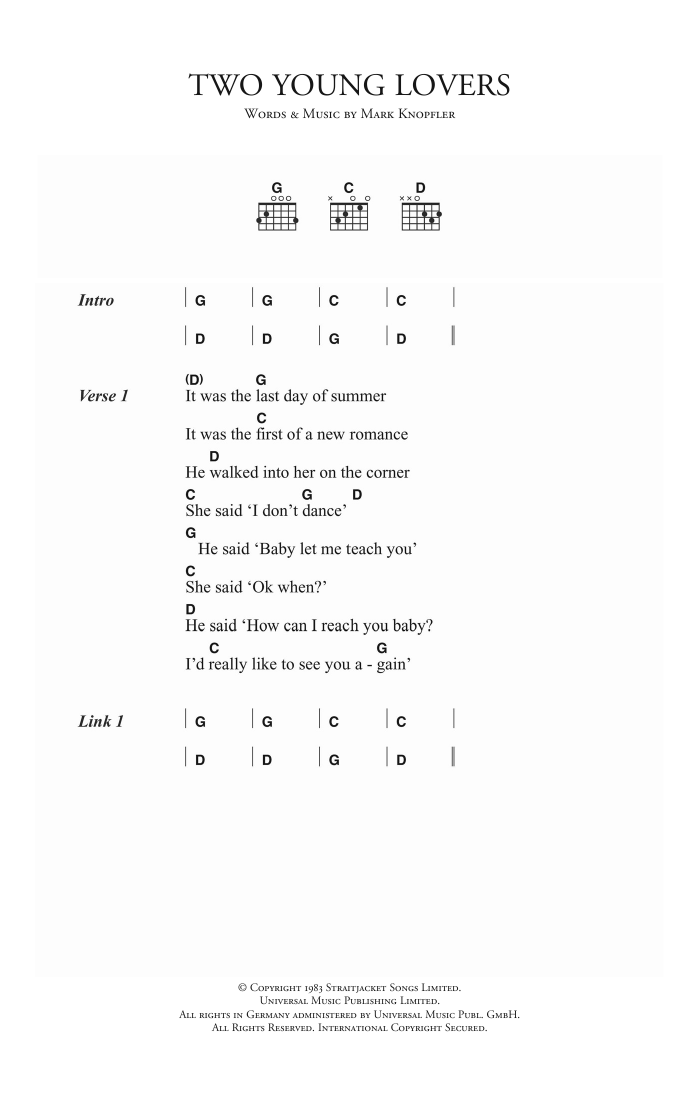 Download Dire Straits Two Young Lovers Sheet Music