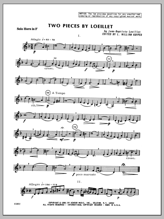 Download Kuyper Two Pieces By Loeillet - Horn Sheet Music