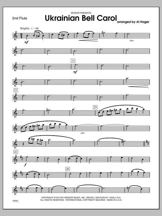 Download Al Hager Ukrainian Bell Carol - 2nd Flute Sheet Music