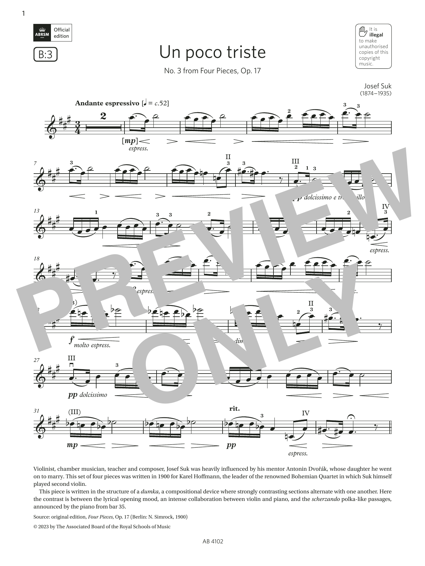Download Josef Suk Un poco triste (Grade 8, B3, from the A Sheet Music