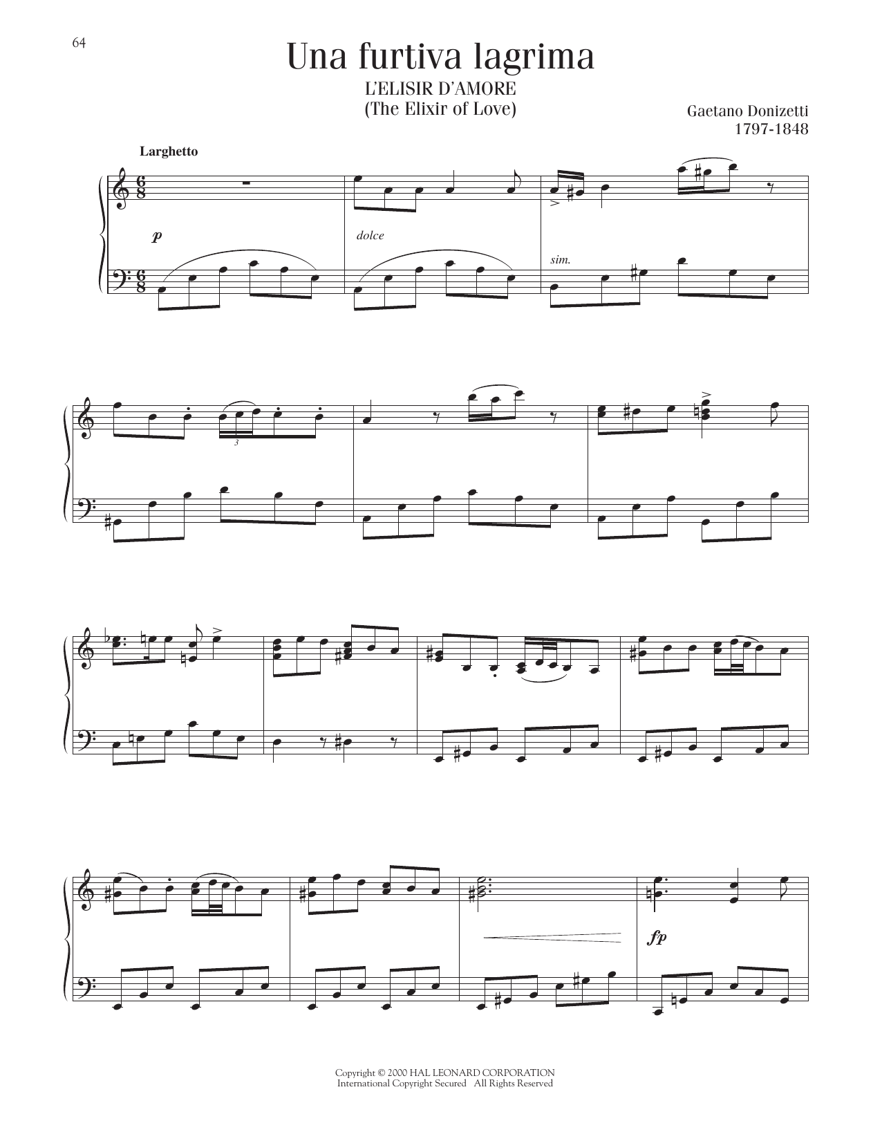 Gaetano Donizetti Una Furtiva Lagrima (The Elixir Of Love) sheet music notes printable PDF score