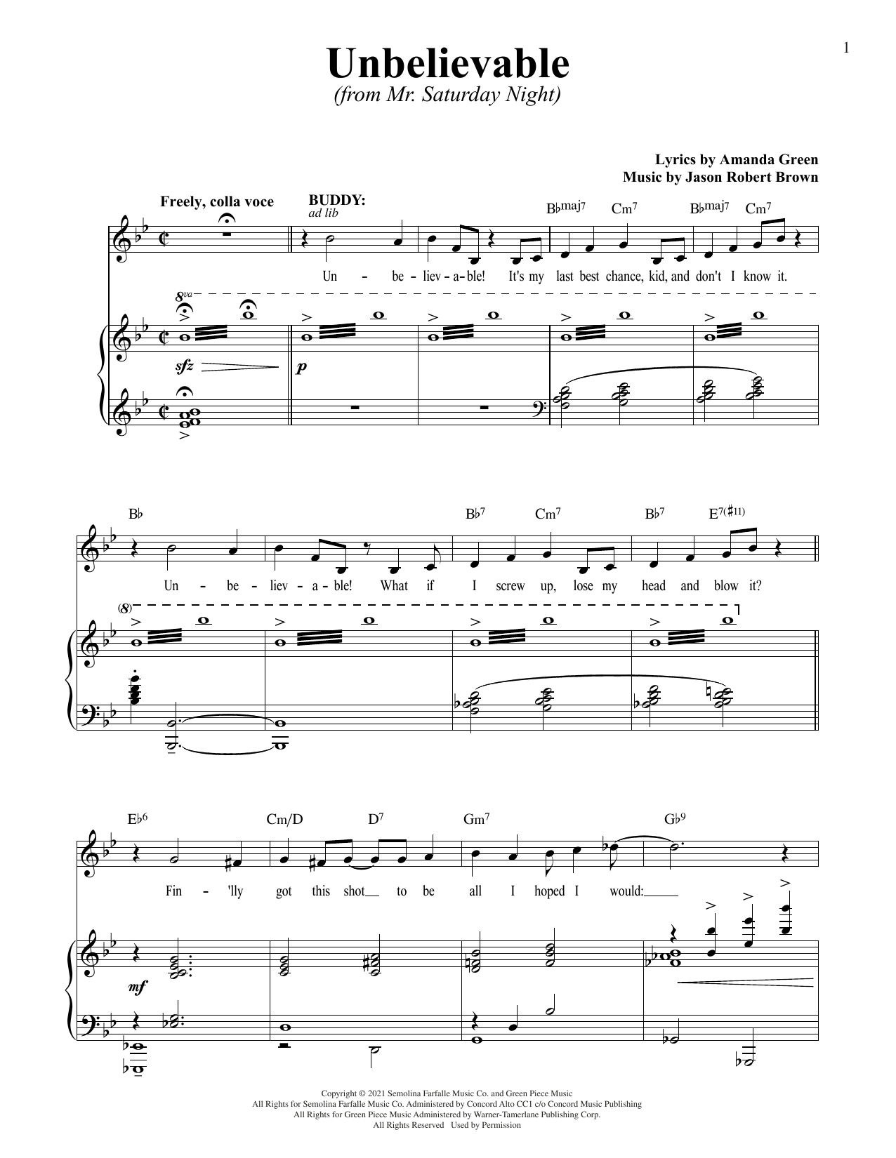 Jason Robert Brown and Amanda Green Unbelievable (from Mr. Saturday Night) sheet music notes printable PDF score