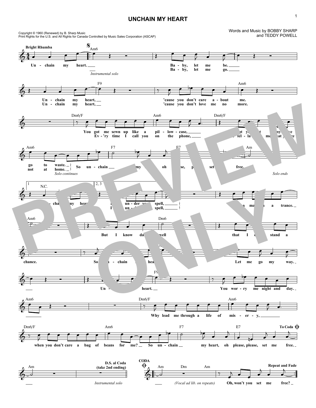 Download Ray Charles Unchain My Heart Sheet Music