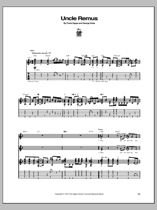 Download Frank Zappa Uncle Remus Sheet Music