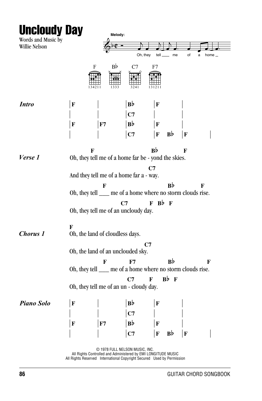 Download Willie Nelson Uncloudy Day Sheet Music