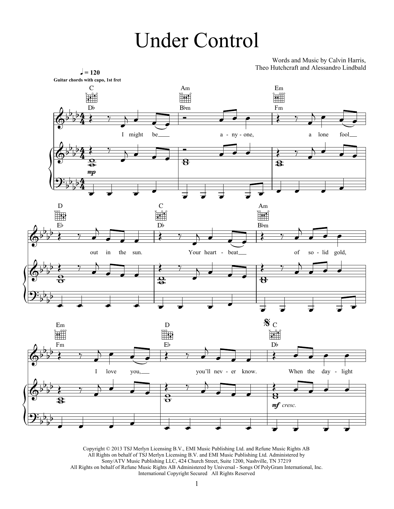Download Calvin Harris & Alesso ft. Hurts Under Control Sheet Music