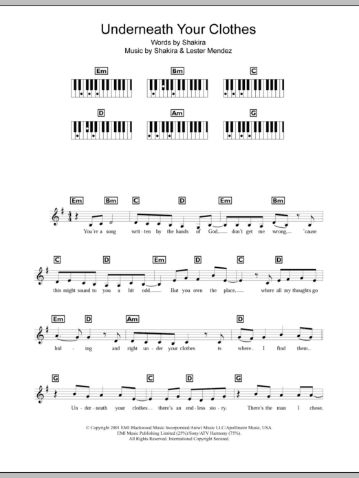 Download Shakira Underneath Your Clothes Sheet Music