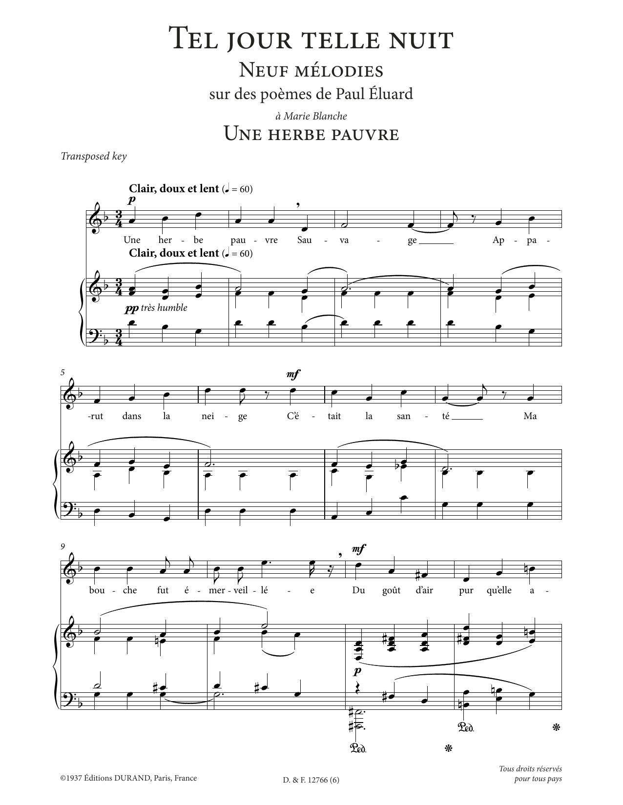 Francis Poulenc Une herbe pauvre (Low Voice) sheet music notes printable PDF score