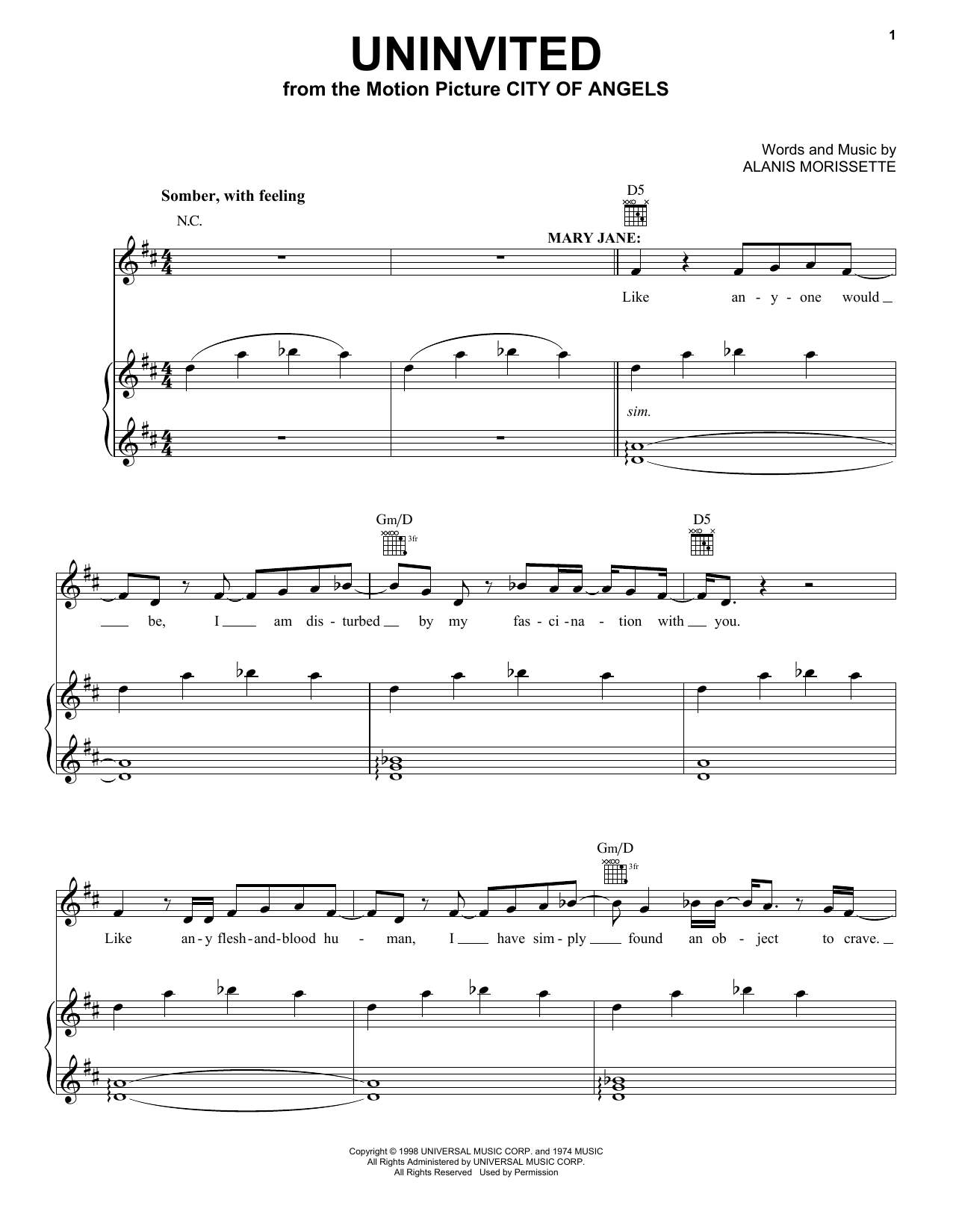 Download Alanis Morissette Uninvited (from City Of Angels) Sheet Music