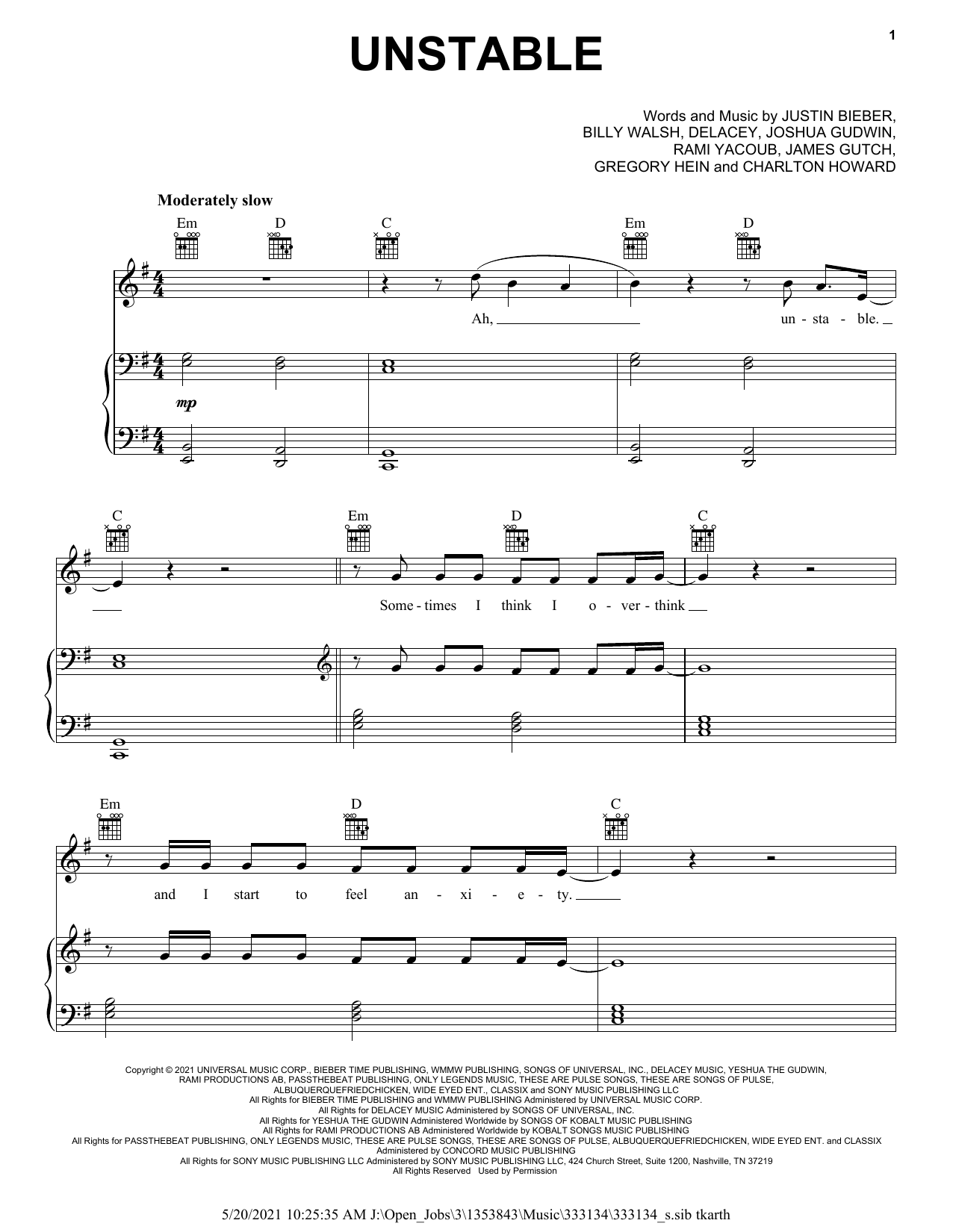 Download Justin Bieber Unstable (feat. The Kid LAROI) Sheet Music