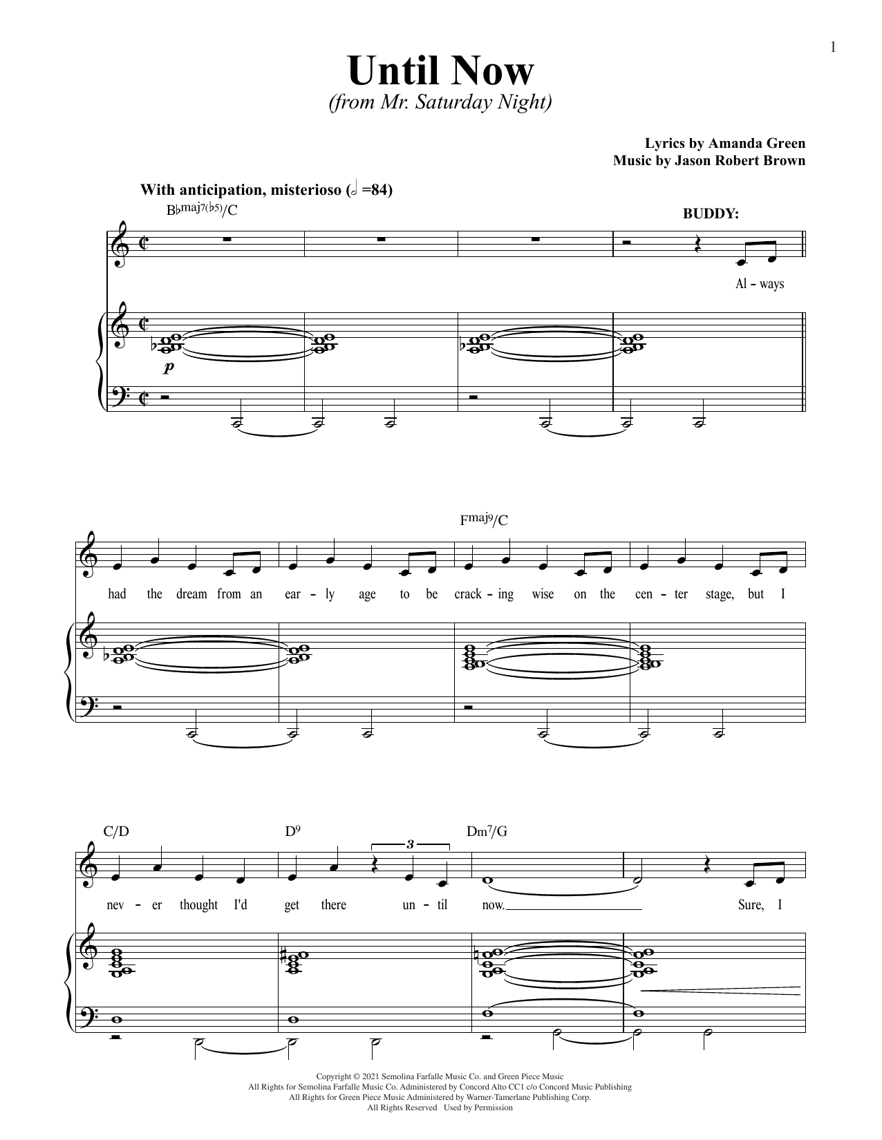 Jason Robert Brown and Amanda Green Until Now (from Mr. Saturday Night) sheet music notes printable PDF score