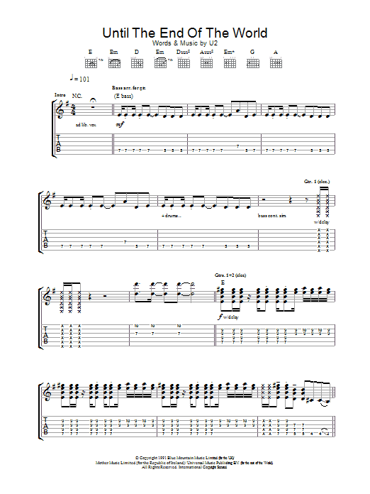 Download U2 Until The End Of The World Sheet Music