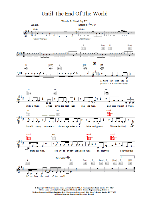 Download U2 Until The End Of The World Sheet Music