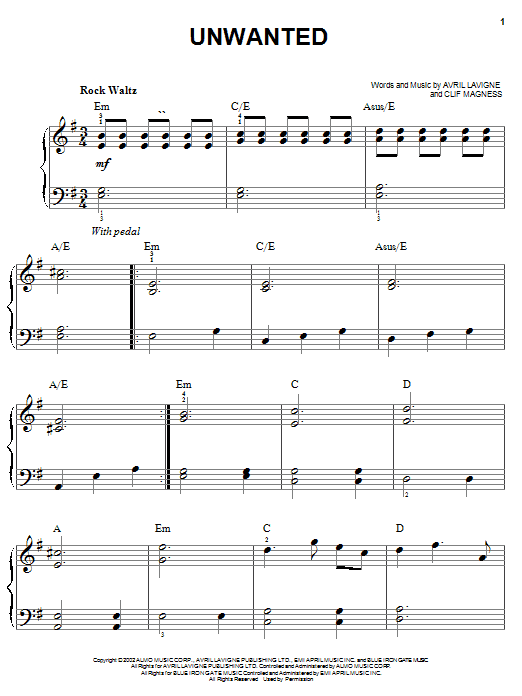 Download Avril Lavigne Unwanted Sheet Music