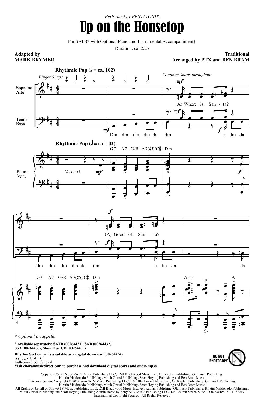Download Pentatonix Up On The Housetop (Arr. Mark Brymer) Sheet Music