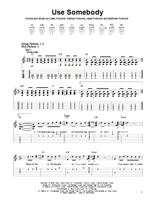 Download Kings Of Leon Use Somebody Sheet Music