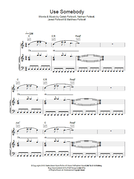 Download Kings Of Leon Use Somebody Sheet Music